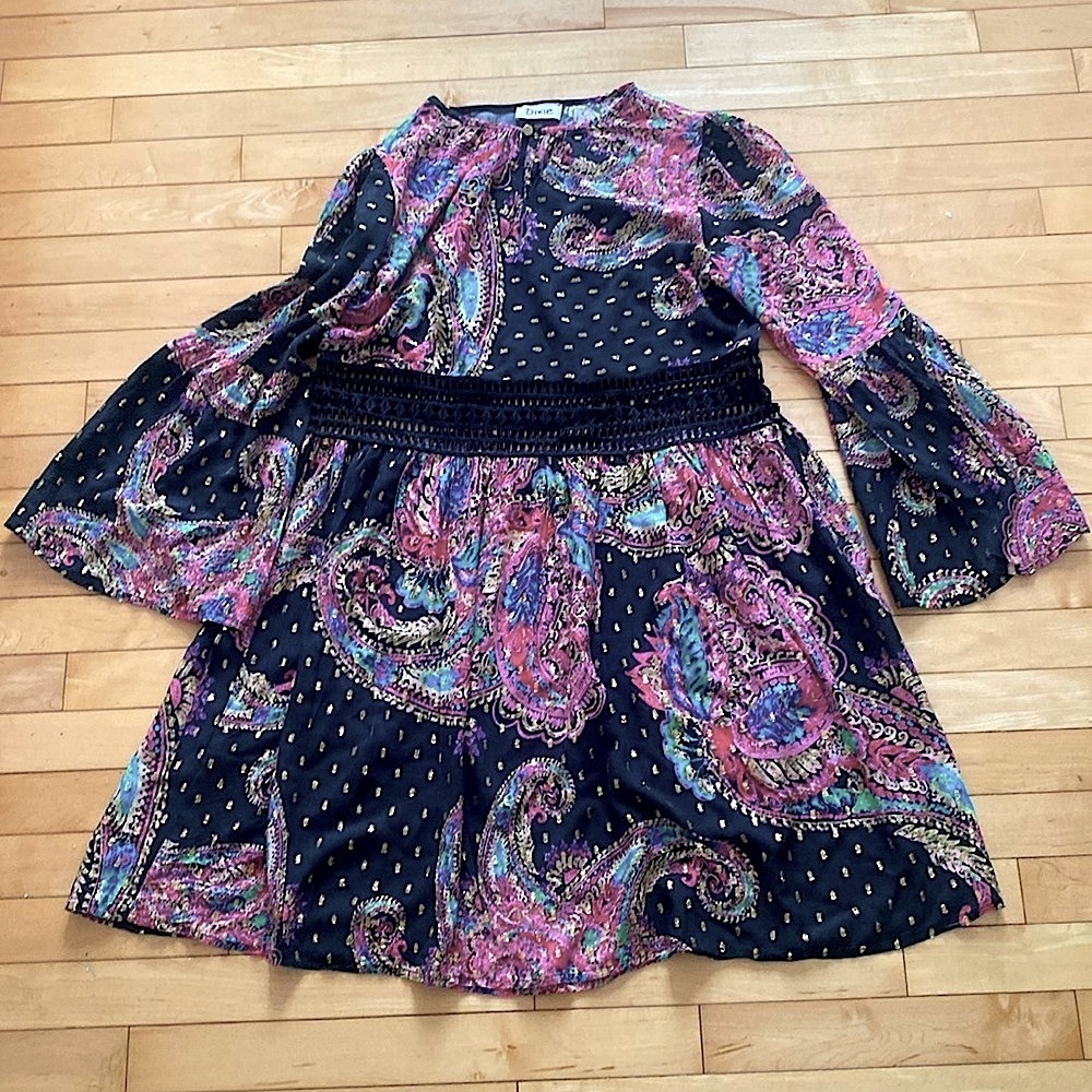 BOHO DIXIE Made in Italy Paisley long blouse size Large Black & Pink & Gold
